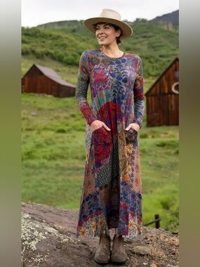 Natural Life Stevie ButterSoft Knit Maxi Dress Boho Patchwork Floral S